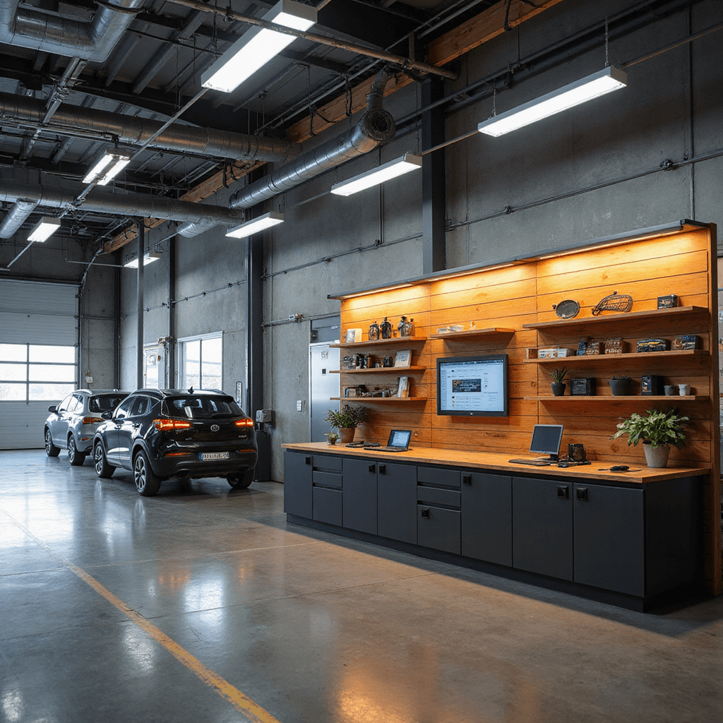 Intieme sleutelmakerswerkhoek in een autogarage met glazen wanden, een houten werkblad verlicht door LED's, en een wand vol digitale displays. De moderne sleutelfreesmachine en transponderkopieerstation zijn te zien, omringd door gereedschapskarren en tablets, met warme hout- en antracietkleuren en chroomaccenten.