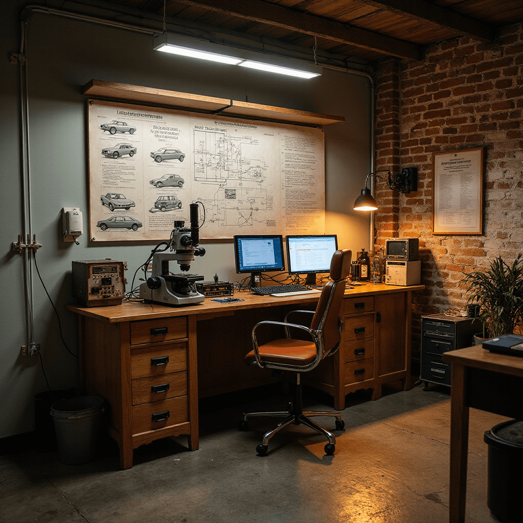 Intieme sleuteltechnische ruimte met ergonomisch werkstation, digitale microscoop en vintage gereedschapskast, verlicht door warme LED-verlichting. Georganiseerde array van microchips en programmeerbare sleutels op het werkblad, met muren vol technische handleidingen.