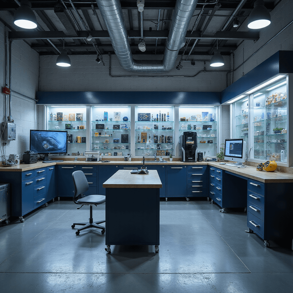 Professionele sleutelmakerswerkplaats met L-vormige RVS werkbank, ochtendlicht door hoge ramen, LED-verlichting, geavanceerd diagnostisch apparaat, precisie-gereedschap, tablet met digitale handleidingen, glazen vitrinekasten met autosleutels, kleurenpalet in industrieel grijs, technisch blauw en wit.