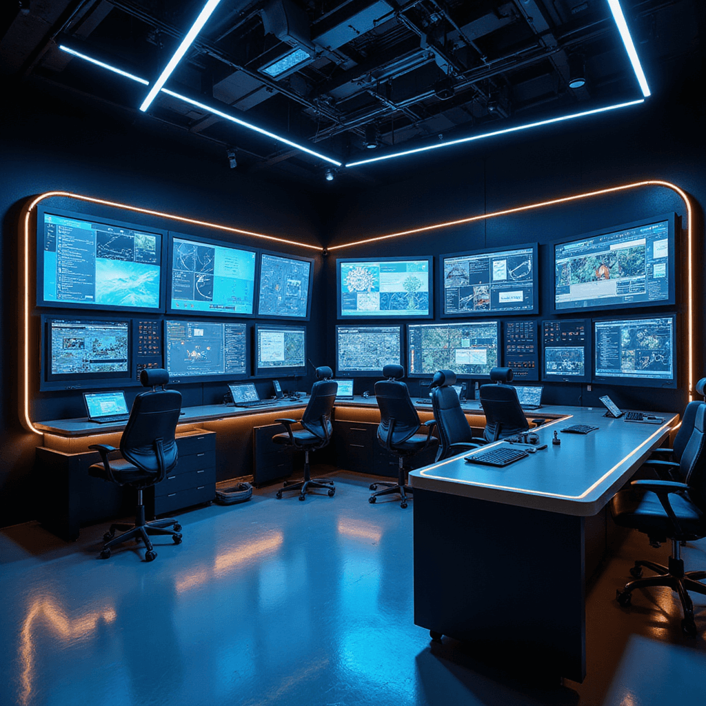 Intieme sleutelprogrammeerruimte van 4x4 meter, met hightech apparatuur en een geavanceerde programmeerconsole, verlicht door blauwe LED-strips. Wandrekken met transponderchips en technische documentatie. Materialen in zwart en metaalgrijs.