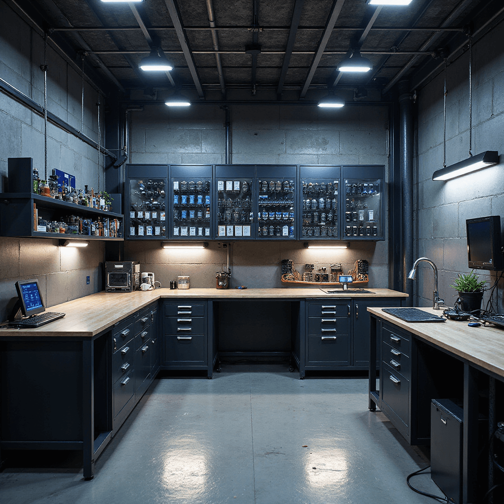 Interieur van een moderne autosleutelwerkplaats met een L-vormige werkbank van geborsteld RVS, georganiseerde sleutelprofielen aan de muur, diagnostische apparatuur met blauwe LED-displays, en goed geordende microchips en gereedschap, verlicht door daglicht en koele LED-spots.