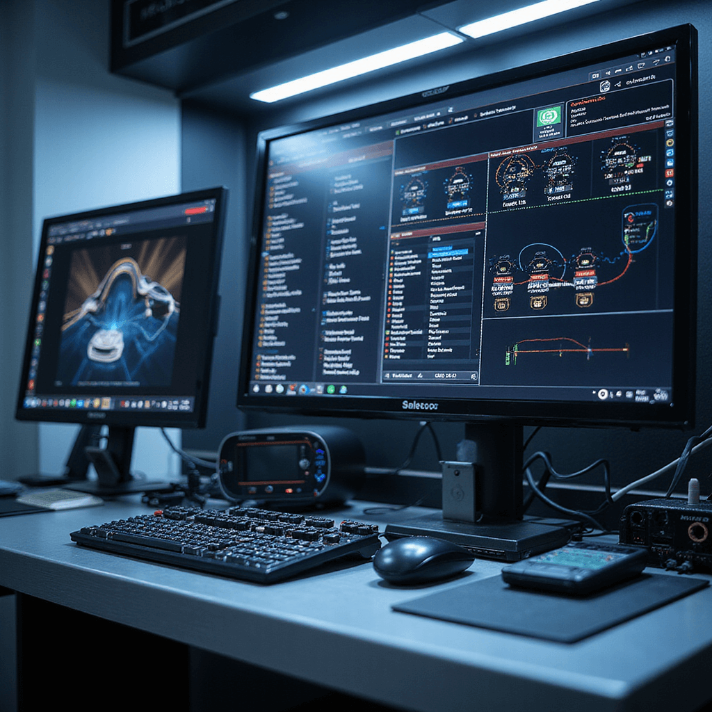 Close-up van een geavanceerd programmeerstation voor autosleutels, met een ultra-HD touchscreen, knipperende LED-modules, en een glanzend aluminium werkblad, omgeven door diagnoseapparatuur en geordende transponderchips, verlicht door verstelbare LED-armaturen.