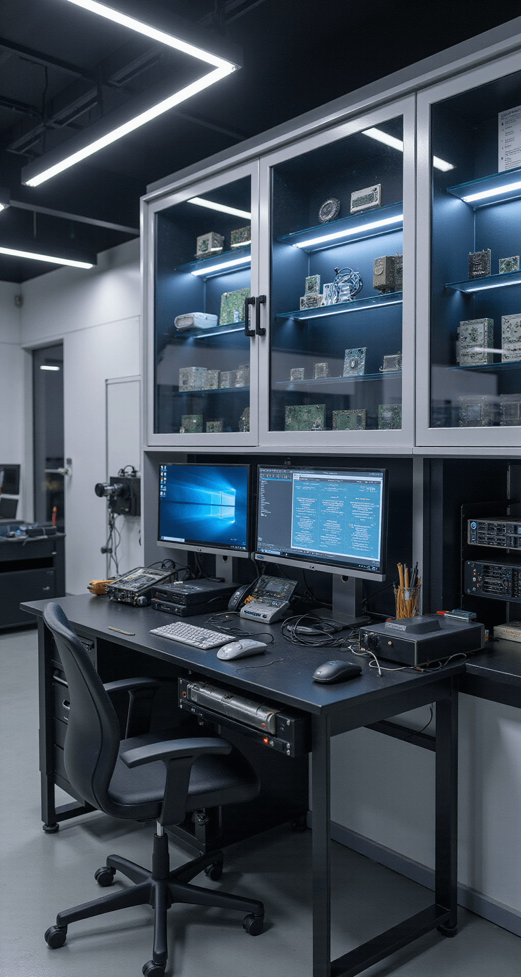 Close-up van een hightech autosleutel programmeerstation in een technische ruimte, met displays voor diagnostische software, glazen vitrinekasten met chip-sleutels, een zwart composiet werkbank met programmeer-interfaces, en subtiele blauwe LED-indicatoren. Matte zwarte wanden en sfeervolle indirecte LED-verlichting.