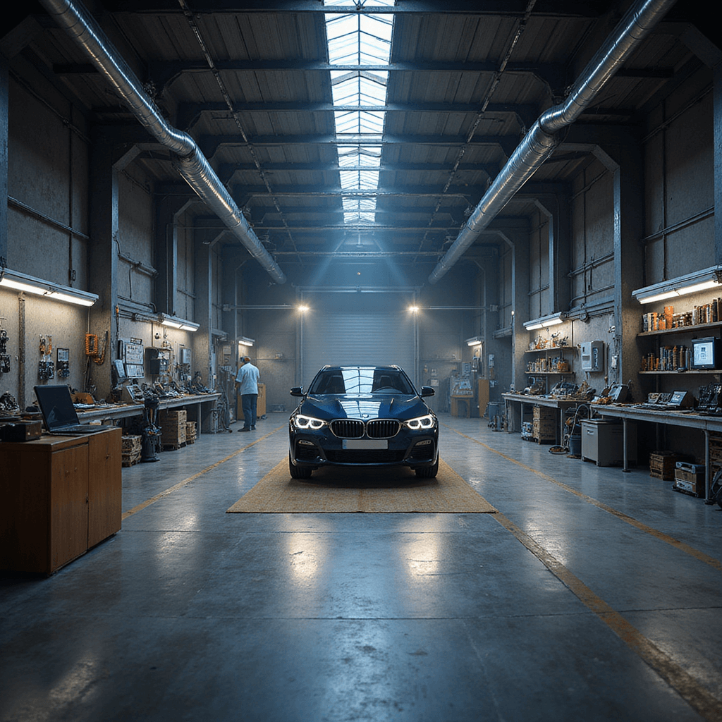 Moderne autosleutelwerkplaats met industriële uitstraling, verlichte werkbank van geborsteld RVS, gereedschapskast, digitale diagnoseapparatuur en precisie-instrumenten, vanuit vogelperspectief.