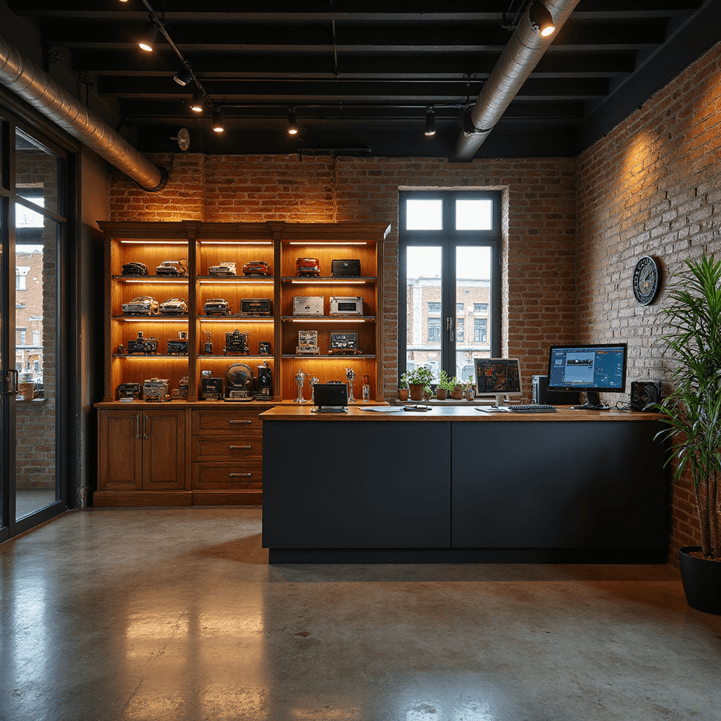 Intieme sleutelservicebalie met vintage-moderne stijl, koperen verlichting, houten toonbank, glazen vitrine vol autosleutels en state-of-the-art programmeerapparatuur, vastgelegd vanuit klantperspectief met hyper-realistische details en ambient lighting.