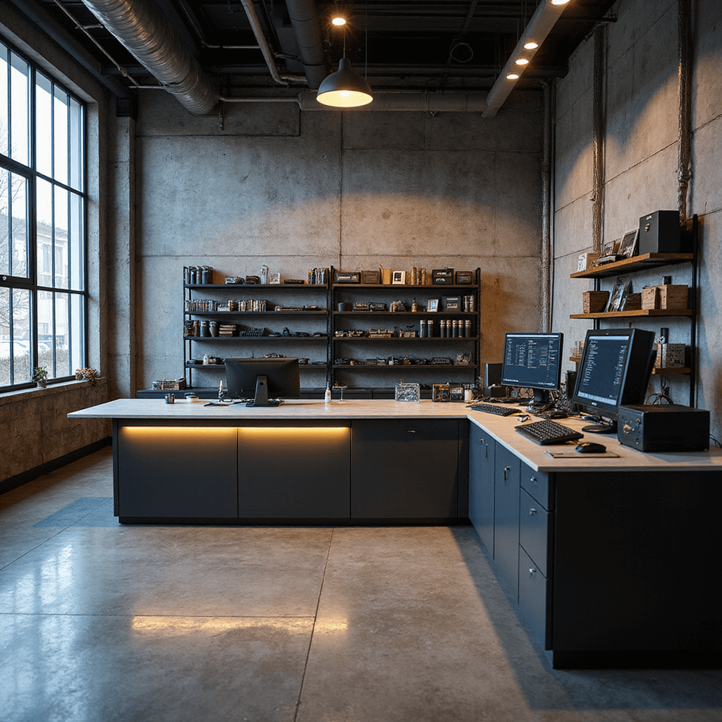 Moderne sleutelservicewerkplaats met L-vormige RVS werkbank, diagnostische apparatuur en programmeringsstation, omringd door wandkasten en een computerstation, verlicht door natuurlijk daglicht en warme LED-verlichting.