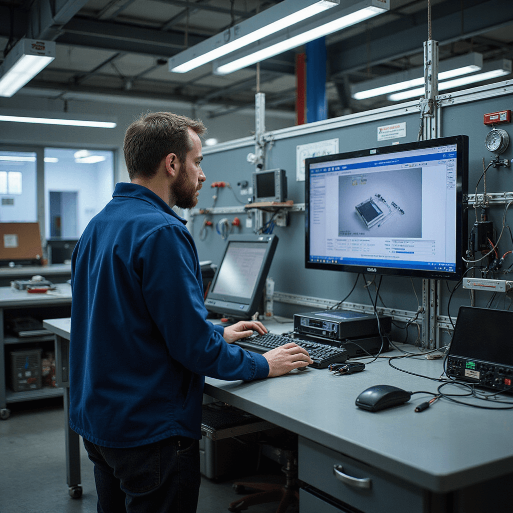 Technische werkruimte van een autosleutelspecialist met professionele LED-verlichting, grote diagnostische computer, georganiseerde elektronische meetapparatuur en transparante displaykasten met autosleutels en transponders, in een industriële stijl.