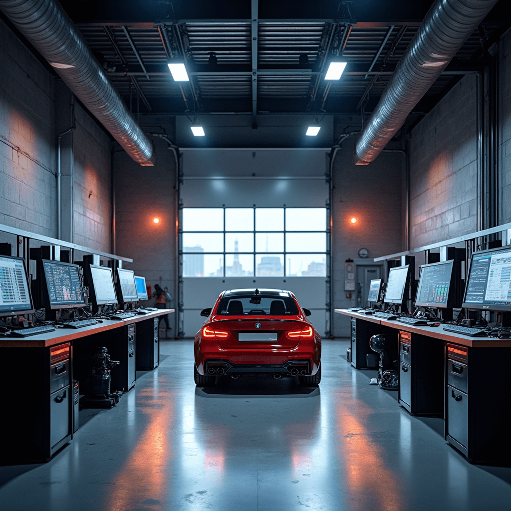 Intieme werkplaatsopname van een moderne autosleutelservice met een verlichte RVS werkbank, industriële wandkasten en hightech apparatuur, sfeervol verlicht door middagzon en LED-spots.