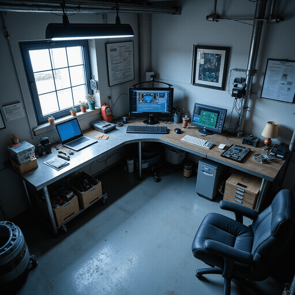 Bird's eye view van een autotechniek werkplek met L-vormige werkbank, laptop, oscilloscoop en gesorteerde transponderchips, verlicht door krachtige LED-panelen in een koele kleurenpalet.