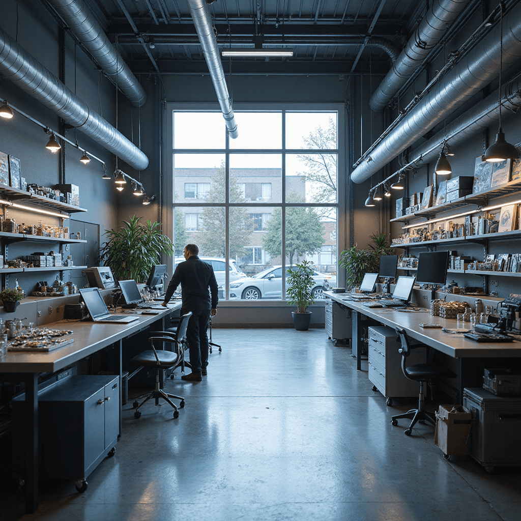 Moderne sleutelmakerswerkplaats met een professionele werkbank, diagnostische apparatuur en een wandrek vol metalen sleutelprofielen, in een industrieel interieur met veel daglicht.