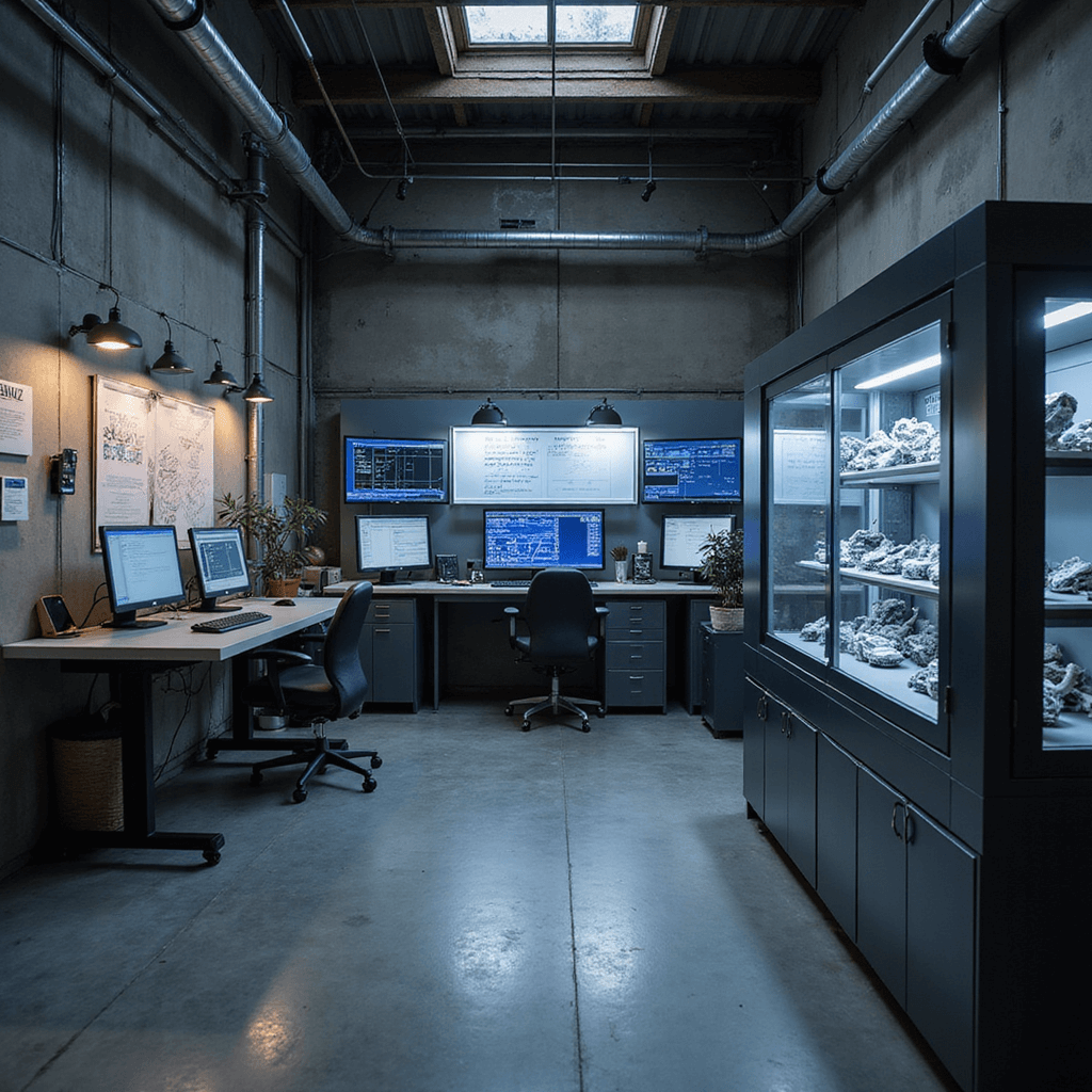 Intieme sleutelspecialist hoek met werkstation voor autosleutelprogrammering, voorzien van LED-verlichting, glazen vitrine, en demonstratiemodellen, in een modern kleurenpalet van donkergrijs, zwart en kobaltblauw.