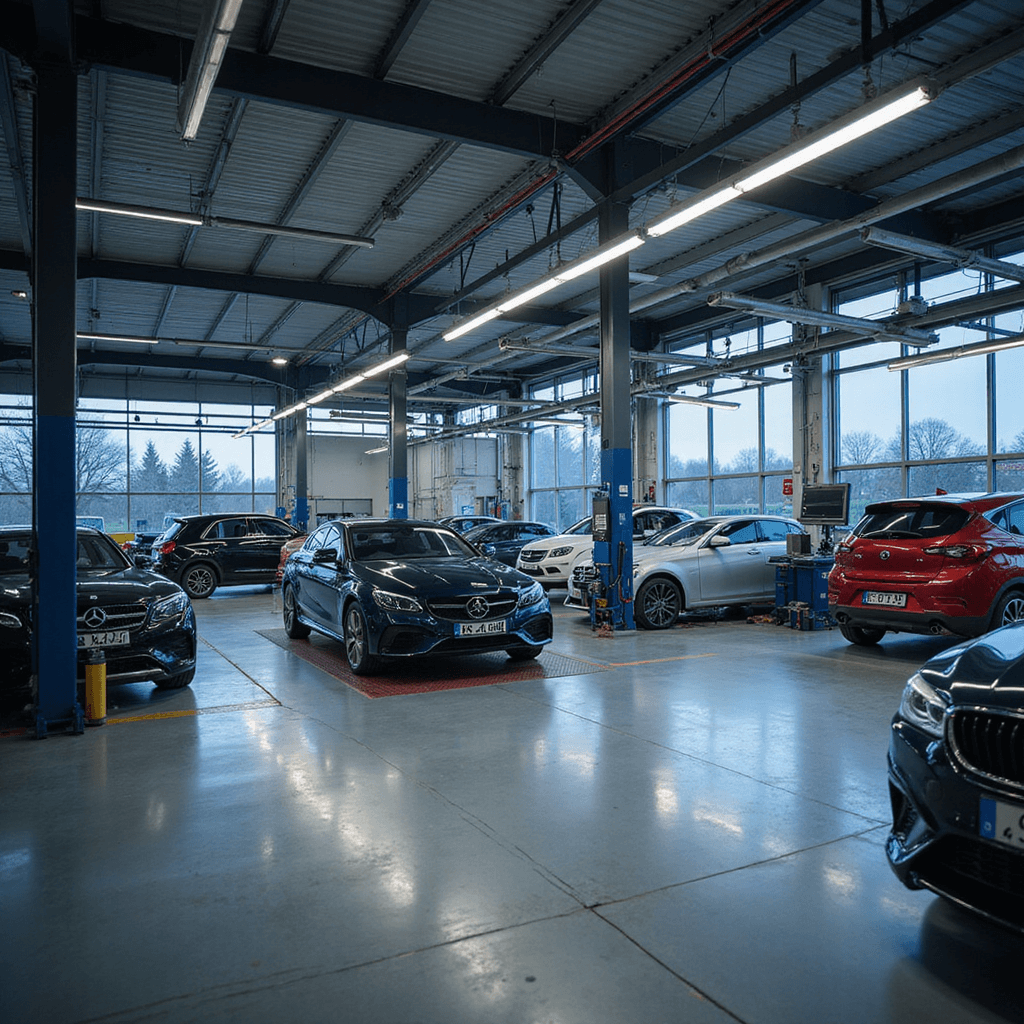 Moderne sleutelservice werkplaats met L-vormige RVS werkbank en digitale programmeertoestellen, gevuld met daglicht en gekenmerkt door een industriële uitstraling.