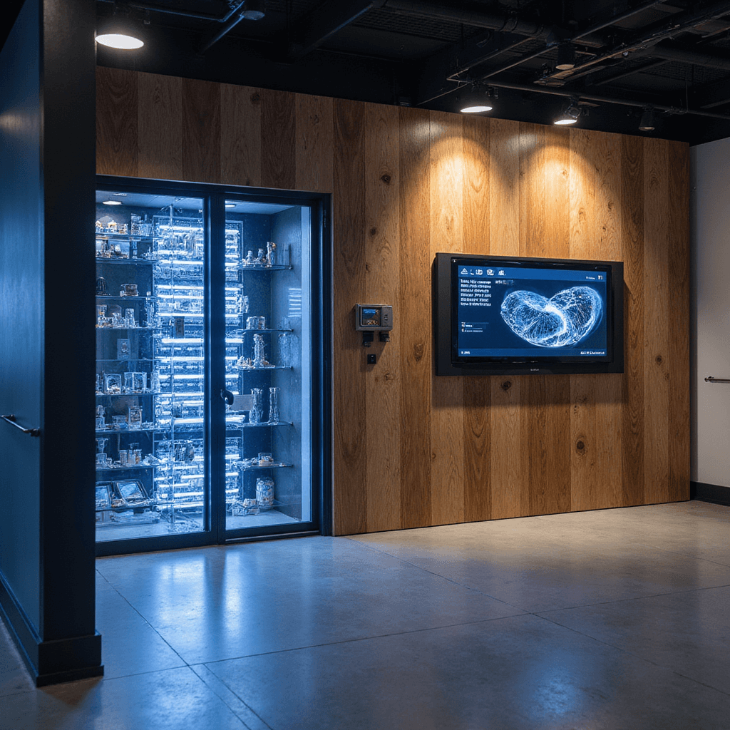 Intieme werkhoek voor smart key specialisatie, met een massief houten werkblad, precisie-gereedschap en glazen vitrinekasten, verlicht door gerichte LED-spots en warme ambient verlichting.