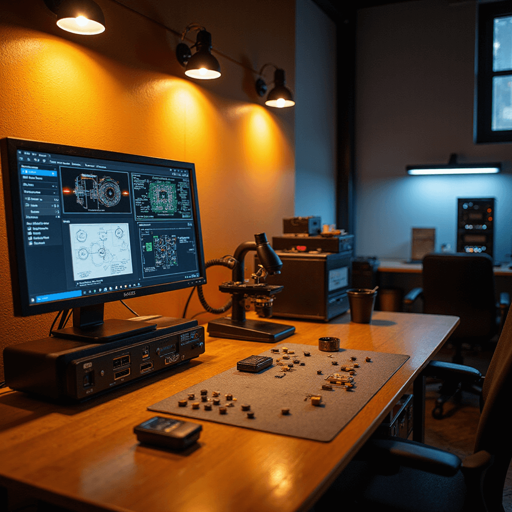 Intieme avondscène in een gespecialiseerde sleutelservice ruimte met een efficiënt programmeerstation, houten werkblad vol autosleutels, en digitale diagnoseapparatuur, dramatisch verlicht door warme LED-spots en blauwe indicatoren.