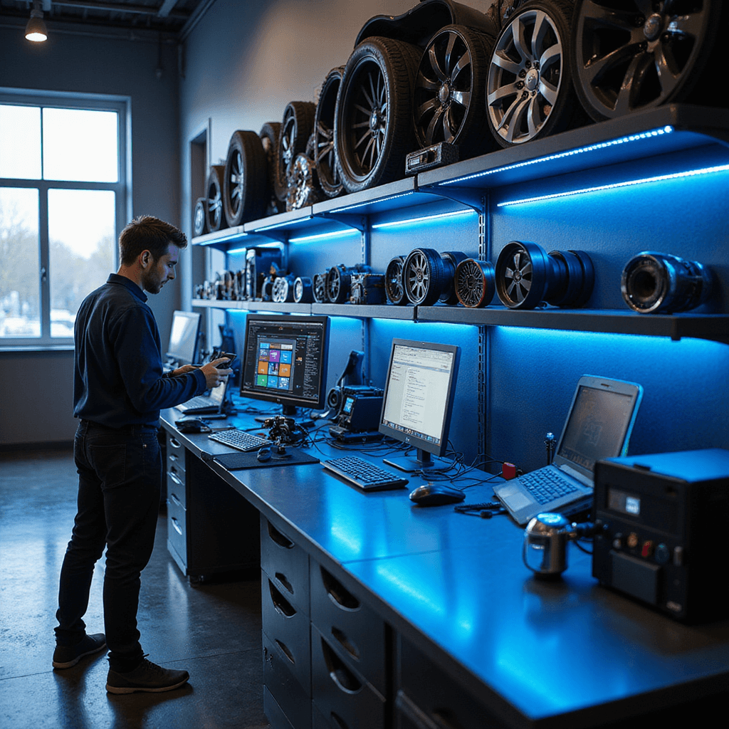 Moderne autosleutelservice met een glanzende RVS werkbank, professionele programmatuur en georganiseerde wandrekken. Ochtendzon verlicht de industriële ruimte, met focus op high-tech diagnostische tools en transpondercodeerstation. Koele grijstinten en technische blauwe accenten.