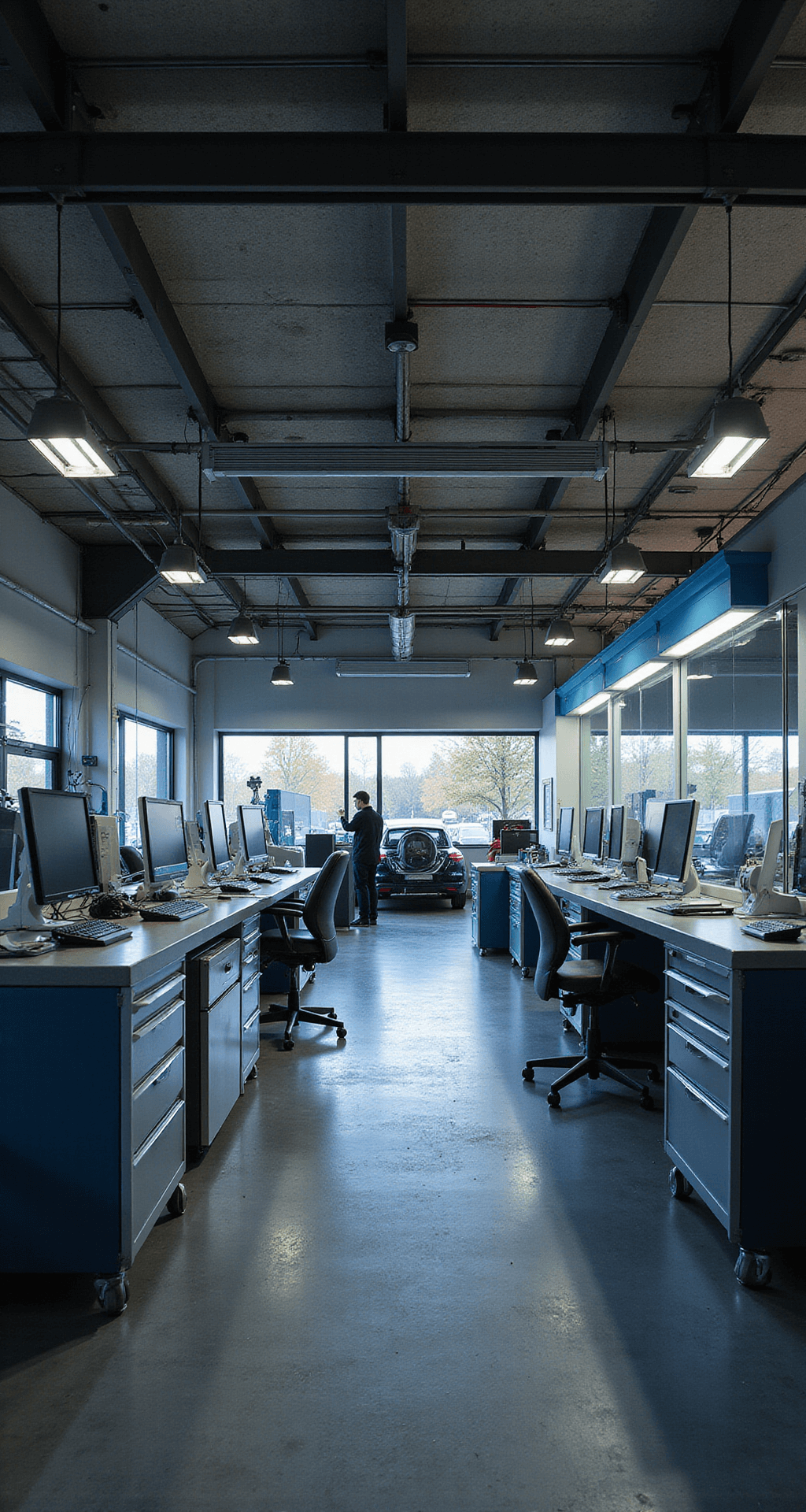 Professionele autosleutelwerkplaats met industriële uitstraling, verlichte L-vormige werkbank, hoge technologie apparatuur, grote ramen die ochtendzon binnenlaten, roestvrijstalen gereedschapskasten, glazen vitrine met blanco sleutels, digitale displays, warme LED-verlichting, kleurenpalet van grijs, zwart, blauw en rode accenten.