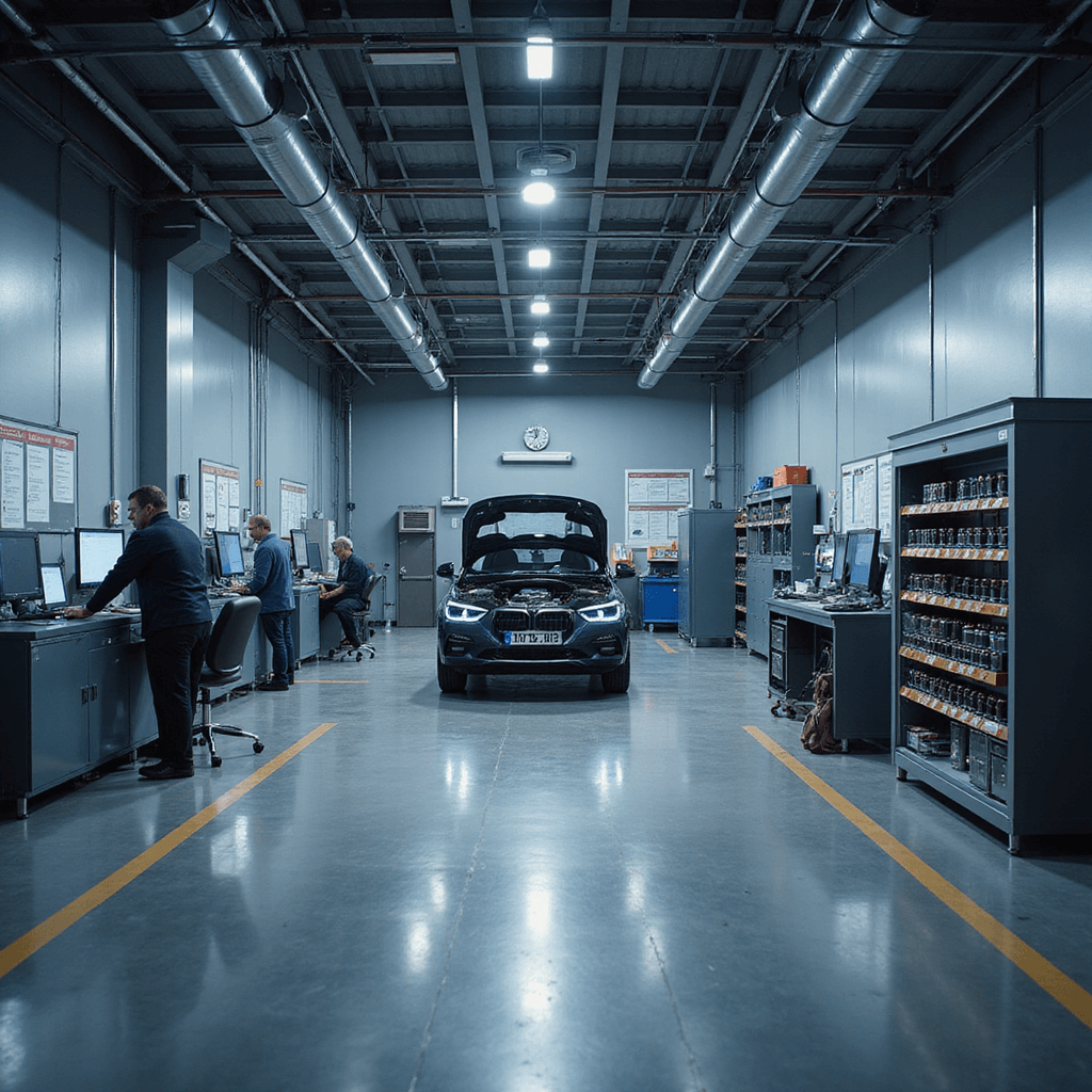 Industriële werkplaats voor autosleuteltechniek met drie werkstations, wandvullende gereedschapskast vol gecodeerde sleutels, en technische apparatuur, verlicht door middaglicht en LED-spots. Op de voorgrond is een opengewerkte autosleutel met zichtbare transponderchip zichtbaar.
