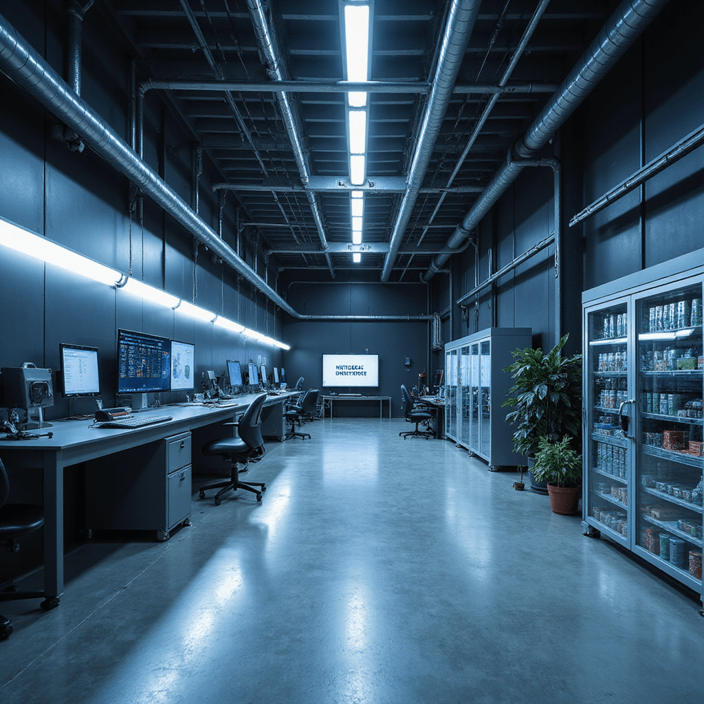 Interieur van een high-tech autosleutelcentrum met centrale werkbank, digitale diagnoseapparatuur en sleutelfreesmachines, gefotografeerd vanuit vogelperspectief. Matzwarte wandpanelen met LED-strips, glazen vitrinekasten met autosleuteltechnologie en ochtendzon die dynamische lichtlijnen creëert op de industriële betonvloer. Kleurenpalet van antraciet, metallic grijs en elektrisch blauw.