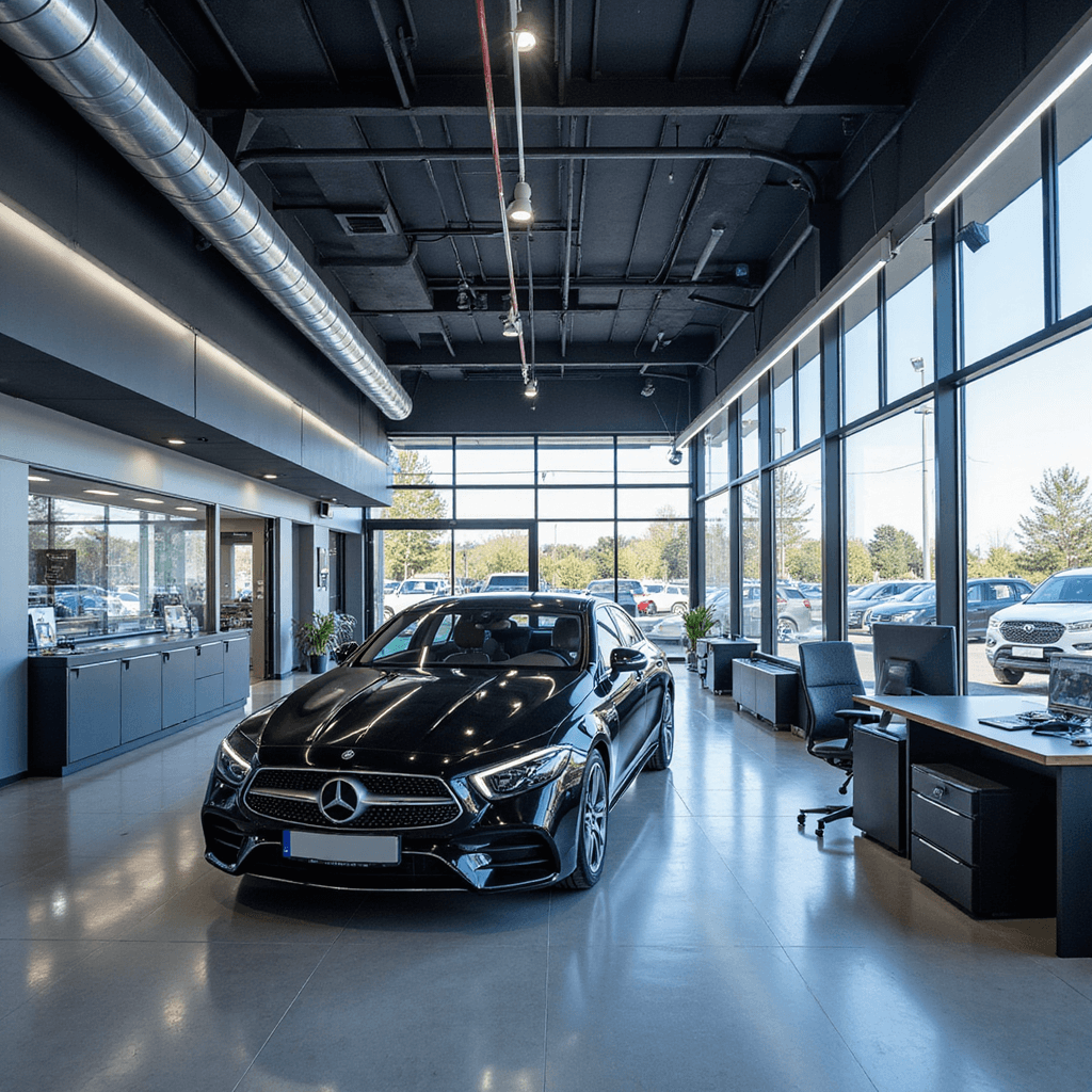 Fotorealistische weergave van een moderne autosleutelservice showroom met RVS werkbank, LED-verlichting en wandrekken vol sleutels, ooghoogte en 3/4 aanzicht.