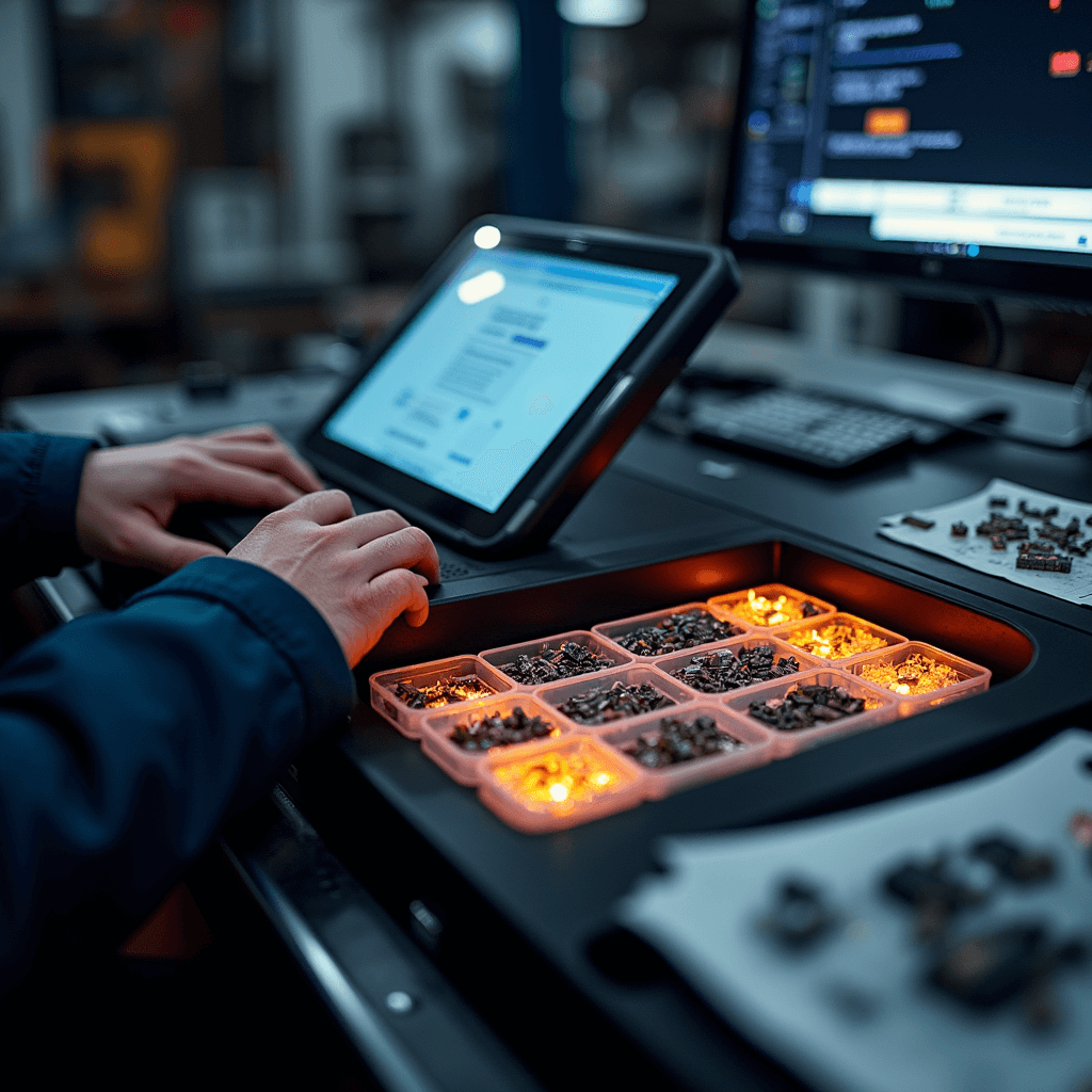Close-up van een transponder programmeerstation in een autosleutelwerkplaats, verlicht door warm LED-licht. Centraal een modern diagnoseapparaat met touchscreen, omringd door precisiegereedschap en diverse autosleutelbehuizingen en transponderchips in transparante vakjes. Achtergrond met technische documentatie en een laptop, het geheel in een kleurenschema van diepzwart, titanium en kobaltblauwe accenten.