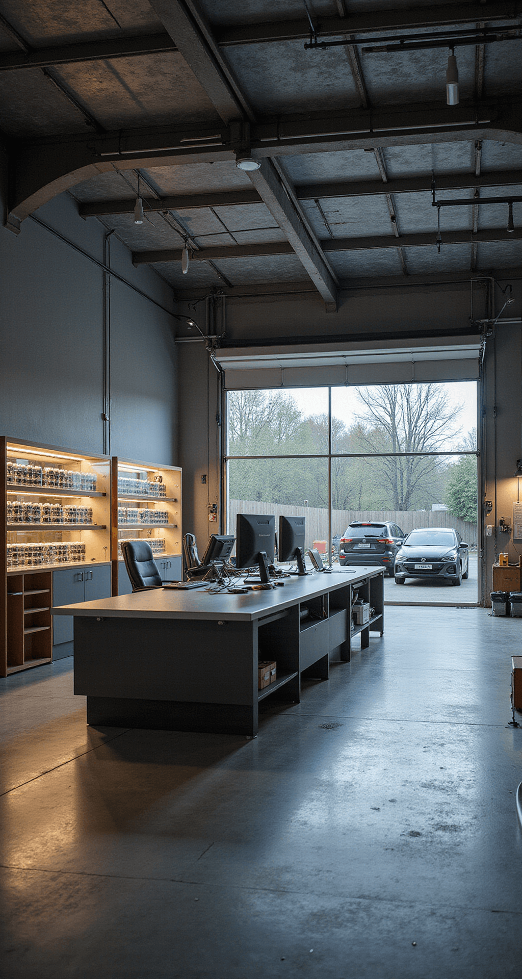 Moderne autosleutelwerkplaats met een L-vormige RVS werkbank, high-tech apparatuur, glazen vitrinekasten met sleutels en computergestuurde slijpmachines, verlicht door ochtendlicht en warm indirect licht.