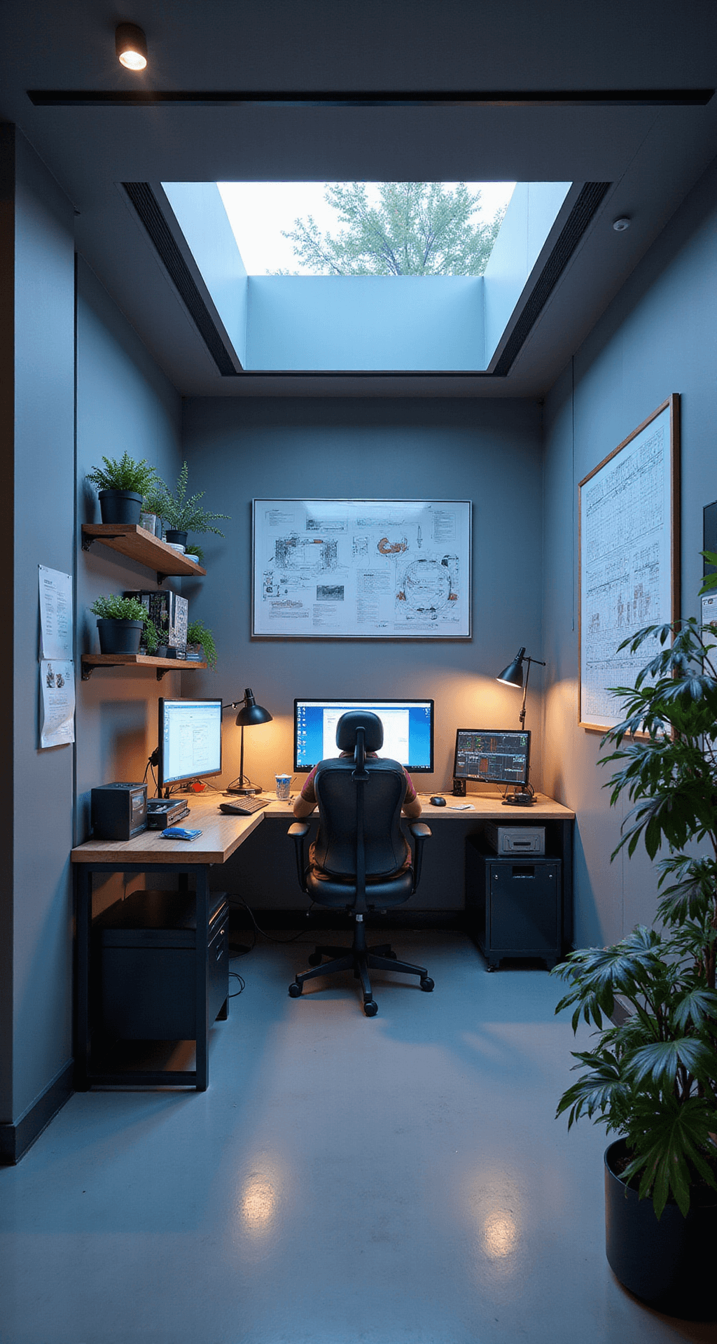 Intieme programmeerhoek met ergonomische stoel en maatwerk tafel, gefilterd licht van translucente gordijnen, schermen met voertuigdata, sorteerlaatjes met gekleurde transponderchips, wanden vol technische handleidingen en sfeervolle verlichting.