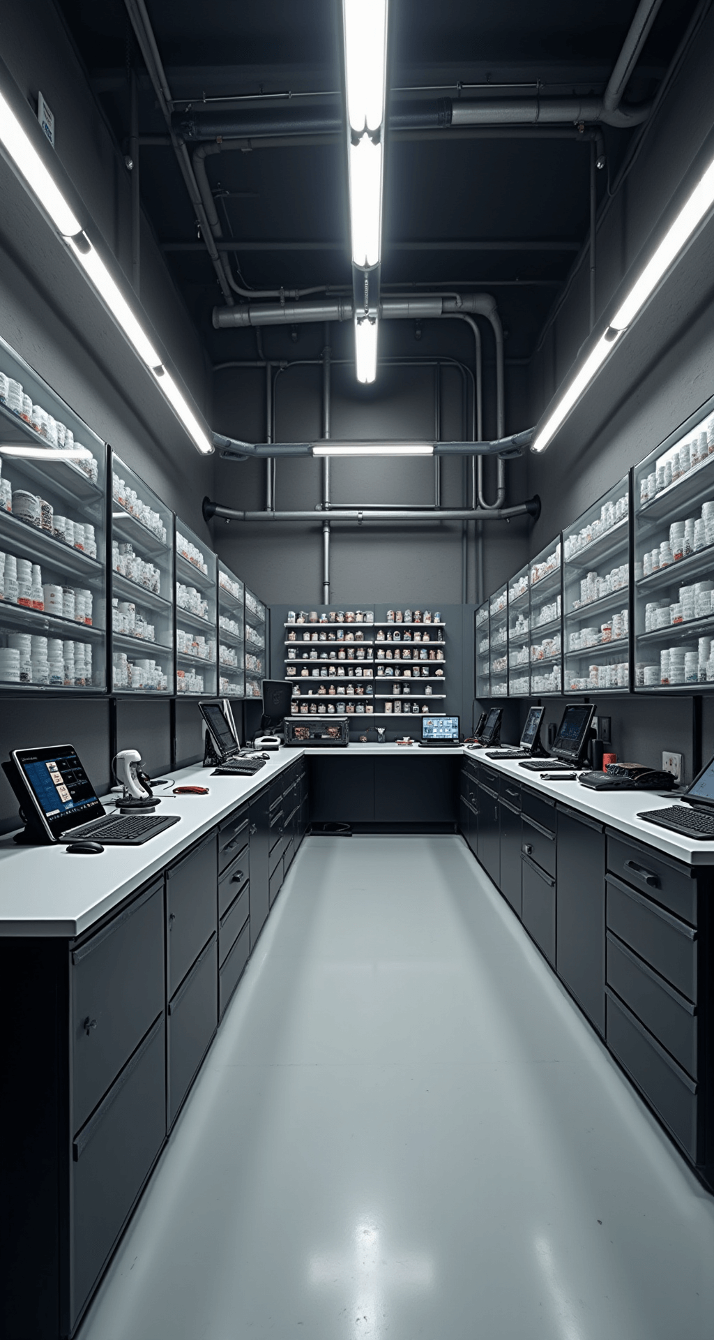 Moderne sleutelwerkplaats met L-vormige RVS werkbank, digitale diagnoseapparatuur, glazen vitrinekasten vol blanco sleutels, industriële betonvloer en antracietgrijze wanden, gefotografeerd vanuit ooghoogte in een lichte en professionele setting.