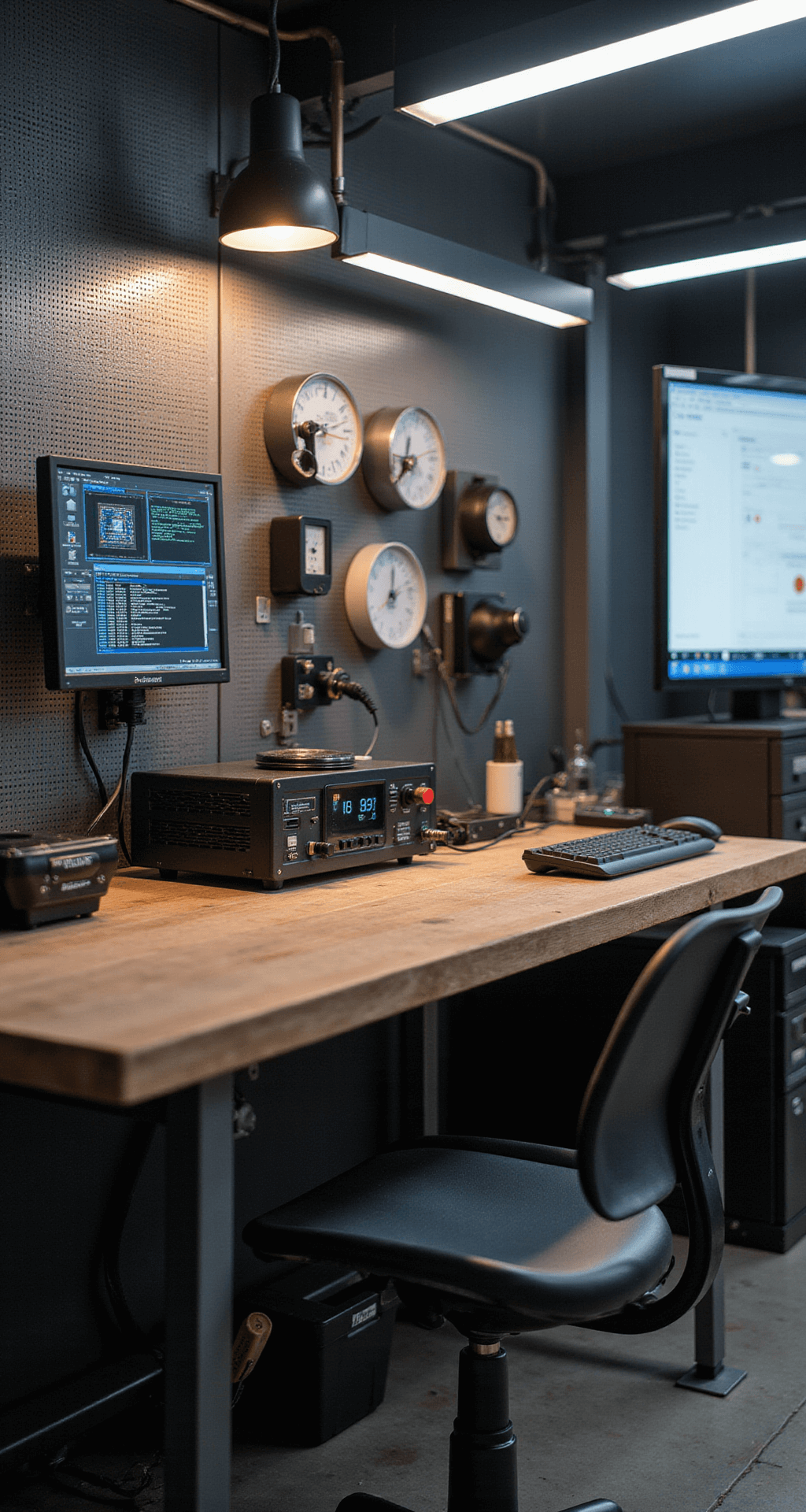 Close-up afbeelding van een gespecialiseerde autosleutelhoek met een mahonie houten werkbank, hightech programmeerapparatuur, precisie-instrumenten en een 27-inch computermonitor, verlicht door LED-armaturen in een industriële werkplaats.