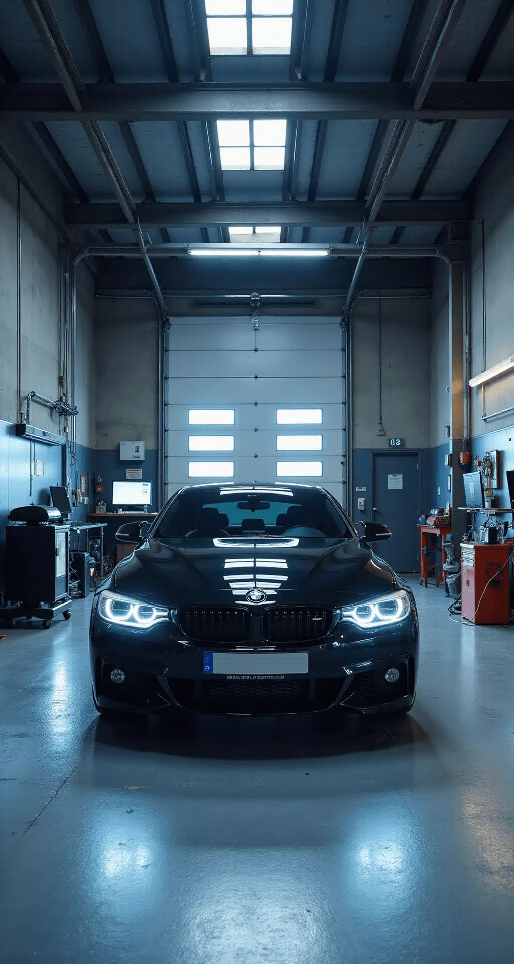 Moderne autogarage in avondlicht met een opgeheven zwarte BMW 3-serie, professionele diagnostische computer, gereedschapswand en grijsblauwe betonvloer. Dramatische belichting en technische apparatuur creëren een authentieke werkplaatssfeer.