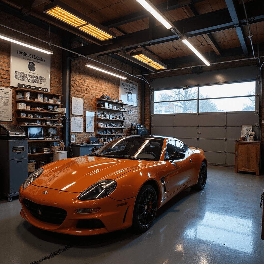 Intieme programmeerhoek in een professionele autogarage met warmwitte LED-verlichting, een centrale terminal, vintage gereedschapskast en gesorteerde elektronica.