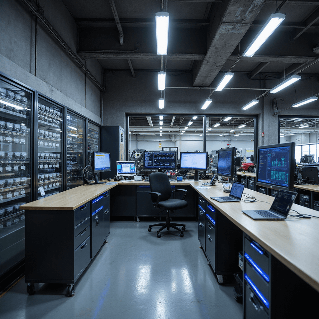Moderne sleutelservicewerkplaats met glazen voorgevel, L-vormige RVS werkbank, wandkasten met sleutelblanco's, digitale displays, opengeslagen laptop en precisie-gereedschap, in zwart-wit kleurenschema met blauwe LED-accenten.