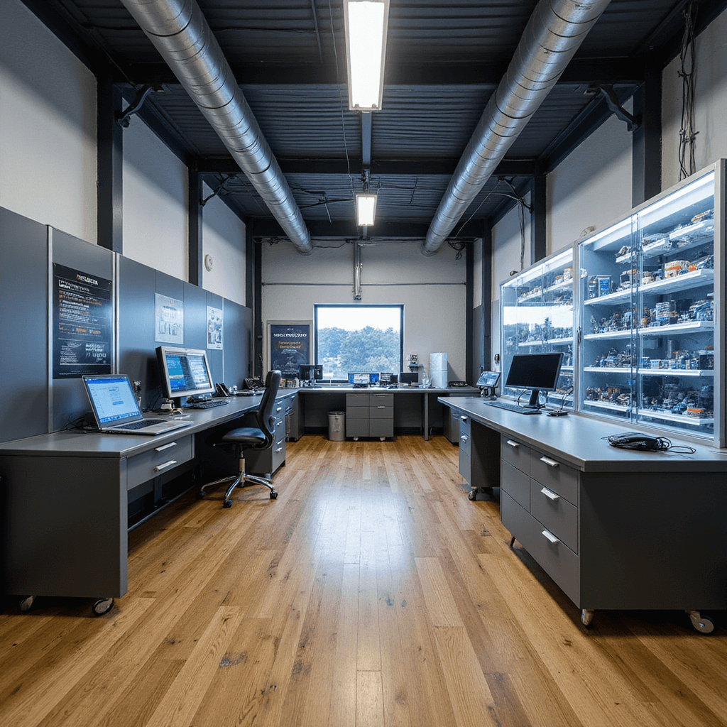 Moderne autosleutelwerkplaats met L-vormige RVS werkbank en LED-verlichting, diagnostische apparatuur, transparante wandkasten met sleutels, en diverse precisie-gereedschappen op een warme houten vloer.