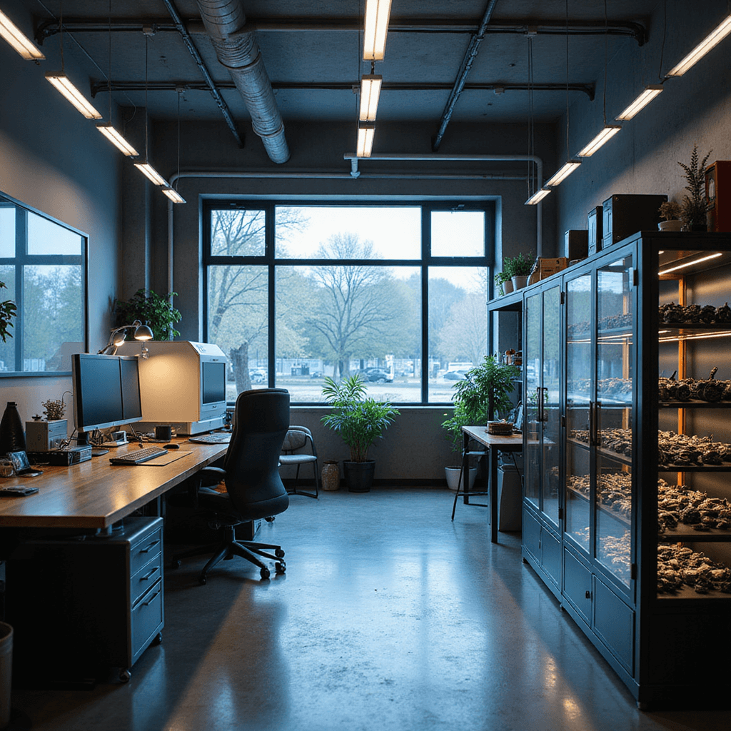 Interieur van een gespecialiseerde sleutelservice met ergonomisch werkstation, digitale displays, sleutelkopieersysteem en vitrinekasten, verlicht door ochtendlicht en een combinatie van koel en warm LED-licht.