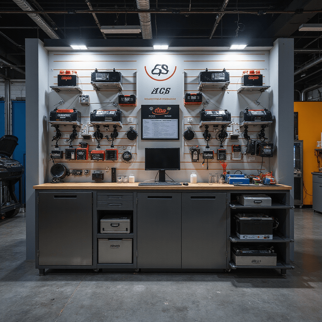 Intieme technische werkhoek bij een autosleutelspecialist met LED-verlichting, een digitaal werkstation, precisie-gereedschap op magnetische wandpanelen, en een display van autosleuteltypes, verlicht met warme houtaccenten en softbox-verlichting.