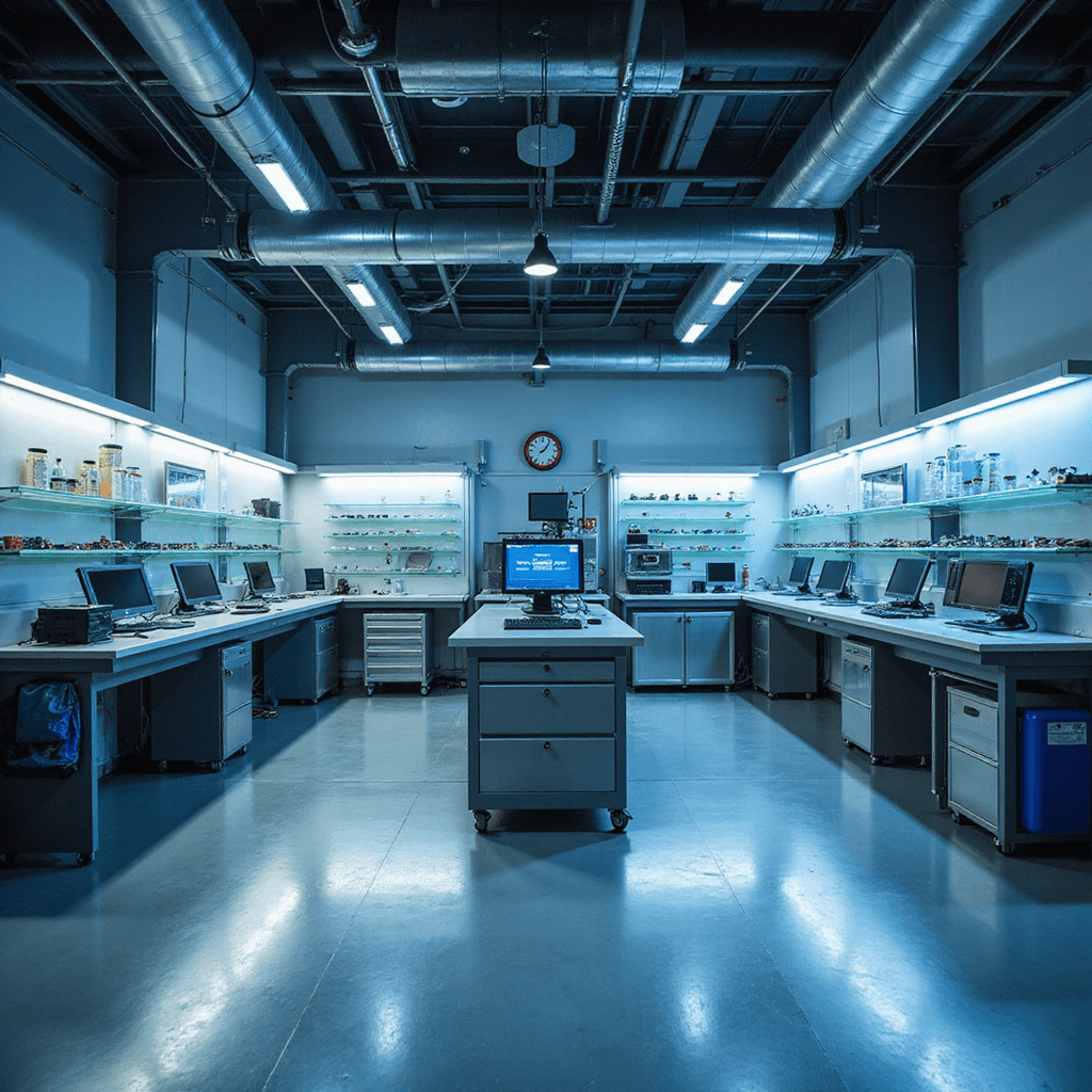 Moderne sleutelservicewerkplaats met RVS werkbanken, geavanceerd programmeerapparaat, precisiegereedschap en diagnostische apparatuur; glazen vitrinewand met sleutelreferenties, metalen ladekasten met kleurgecodeerde sleutelbehuizingen, en ergonomische werkplek met digitale microscoop. Betonvloer en hightech blauwe LED-displays.