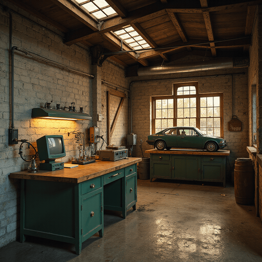 Intieme sleutelreparatiehoek met vintage werkbank, autosleutels, brass sleutelfreesmachine en wandrek vol kleurrijke transponderchips, badend in warm ochtendlicht.