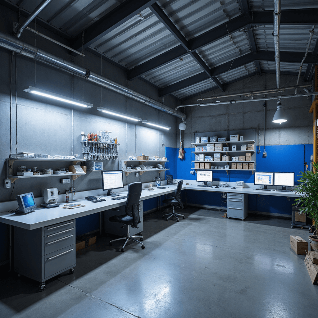 Moderne sleutelwerkplaats met L-vormige RVS werkbank, digitale diagnoseapparatuur en wandkasten vol sleutelprofielen, gefotografeerd vanuit een 45° hoeken met diffuse daglicht en koele LED-verlichting.