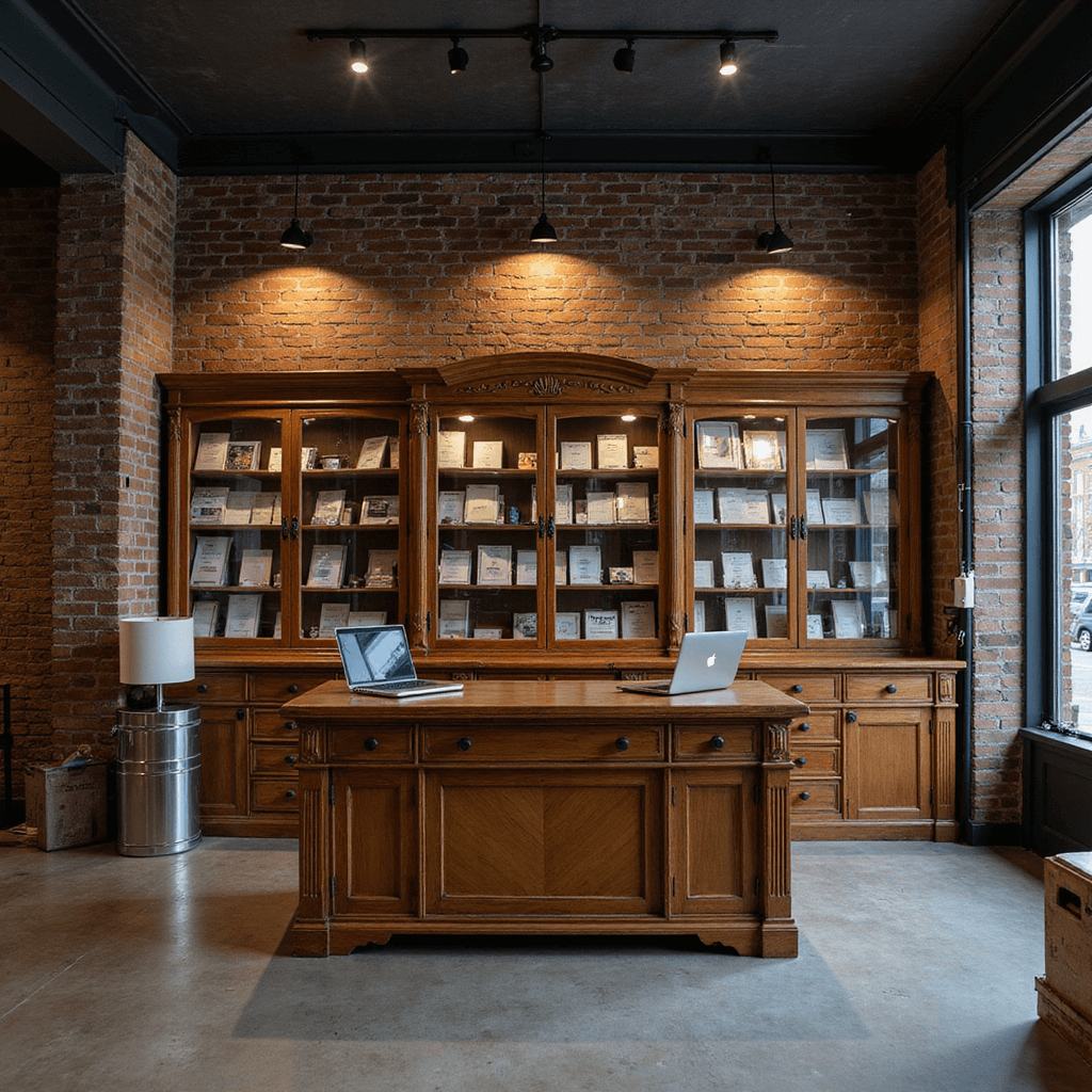 Intieme sleutelservice hoek met vintage houten werkbank en moderne sleutelprogrammeerapparatuur, omringd door glazen vitrinekasten vol kleurgecodeerde autosleutels. Avonden sfeer met warme LED-spots en een camera op statief, gefocust op de contrasterende koperen sleutelmachines en hightech tools.