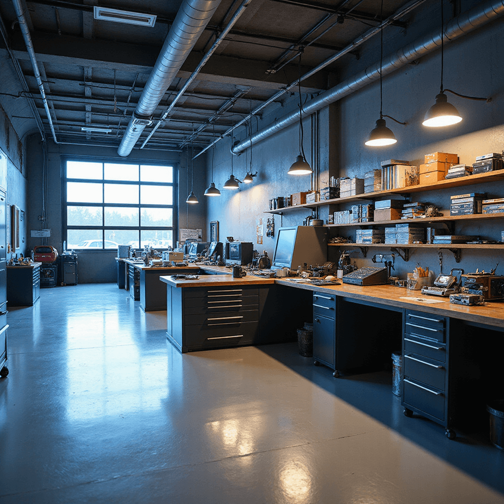 Moderne sleutelservice werkplaats met L-vormige RVS werkbank, diagnostische apparatuur en wandrek vol sleutelmodellen, verlicht door warm indirect licht en gerichte taakverlichting.