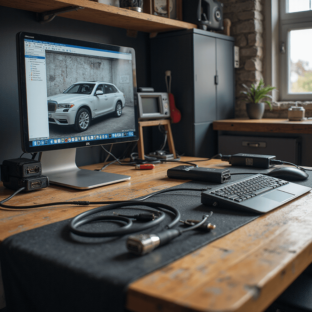 Close-up van een gespecialiseerde programmeerwerkplek in een autosleutelcentrum met massief houten werkblad, zwart lederen werkmat, autosleutels, diagnostische tools, en een 27-inch computerscherm. Professionele OBD-programmeerapparatuur en wandmontagesysteem met transparante bakjes vol elektronische onderdelen. Ochtendzon creëert zachte schaduwen.
