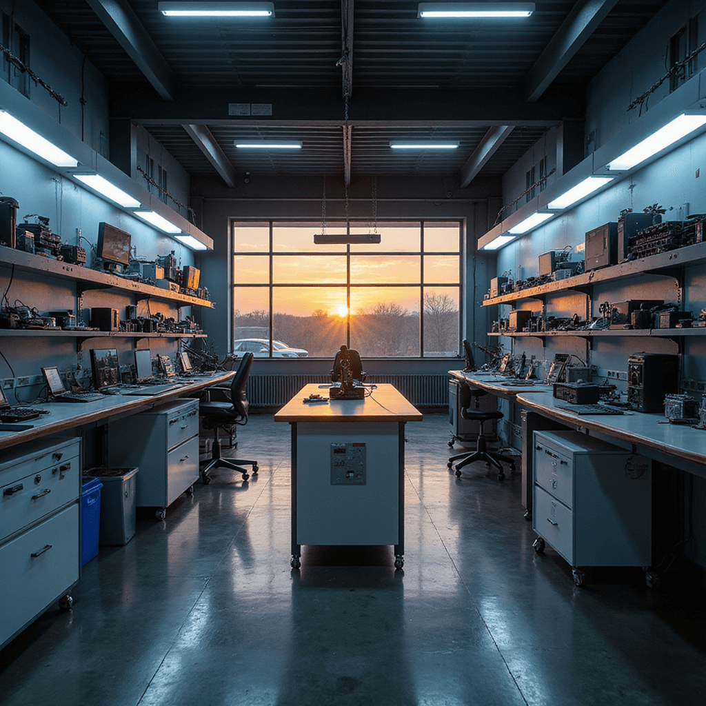 Moderne autosleutelwerkplaats met L-vormige RVS werkbank, hightech apparatuur en diagnose-tools. Wandrekken vol gecodeerde autosleutels. Natuurlijke verlichting van de ochtendzon, warme sfeer, kleurenpalet van titaniumgrijs, zwart en technisch blauw.