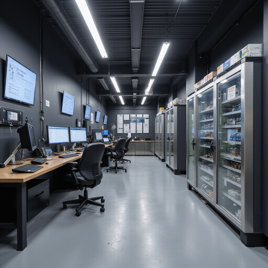 Moderne sleutelservice-ruimte van 25m2 met matzwarte gereedschapskasten, digitale displays, ergonomisch programmeerstation en gespecialiseerde sleutelfreesmachines, verlicht door LED-strips, met geordende elektronische componenten en een industriële betonvloer.
