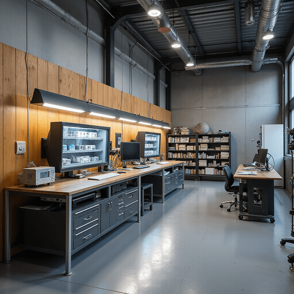 Moderne sleutelmakerswerkplaats met industriële werkbanken, diagnose station, glazen vitrinekasten vol sleutels en gereedschapskasten, verlicht door natuurlijk licht en LED-spots.