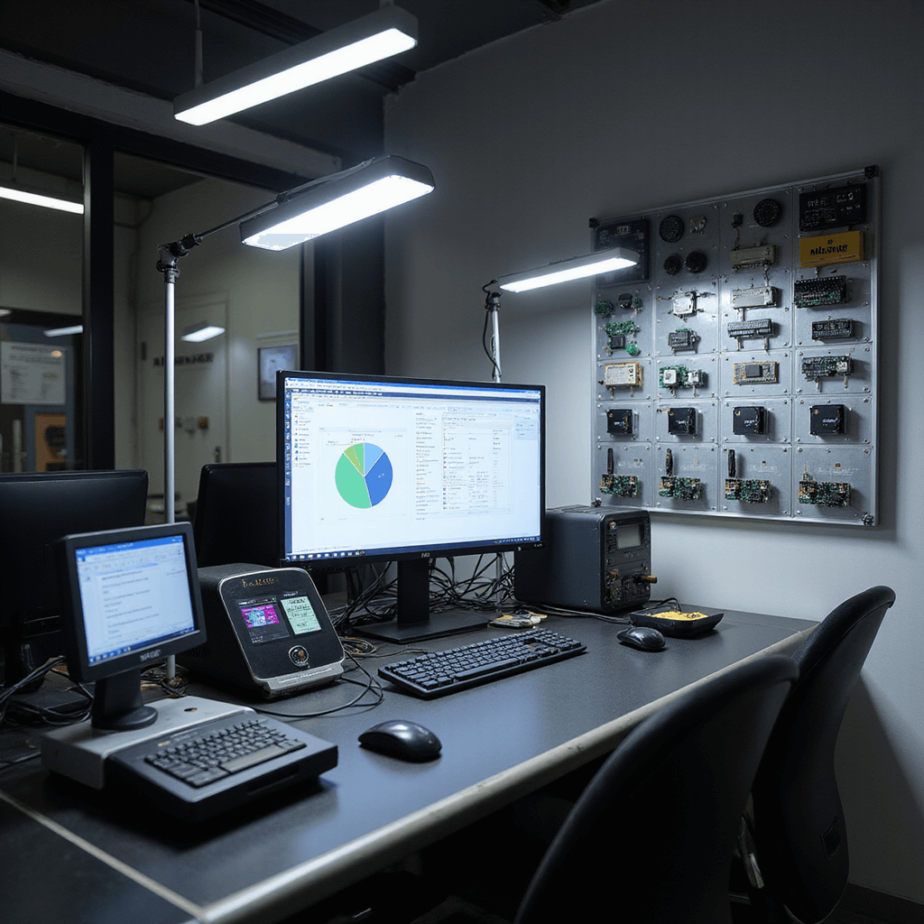 Close-up van een modern autosleutel-programmeerhoek met een matzwart werkblad vol diagnoseapparaten, een LED-werklamp en een georganiseerde wand met testapparatuur. Een 27-inch monitor toont diagnostische software in een professionele, minimalistische werkomgeving.