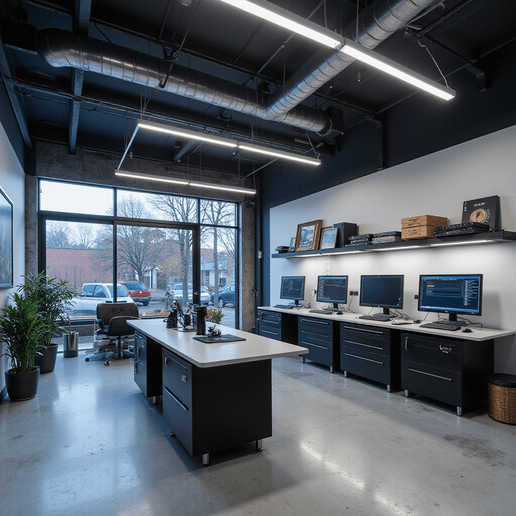 Moderne sleutelservice werkplaats met hoge plafonds, grote ramen en een L-vormige werkbank van geborsteld RVS, omringd door wandrekken met blanco sleutels en professionele apparatuur voor autotransponders, verlicht door natuurlijk ochtendlicht.