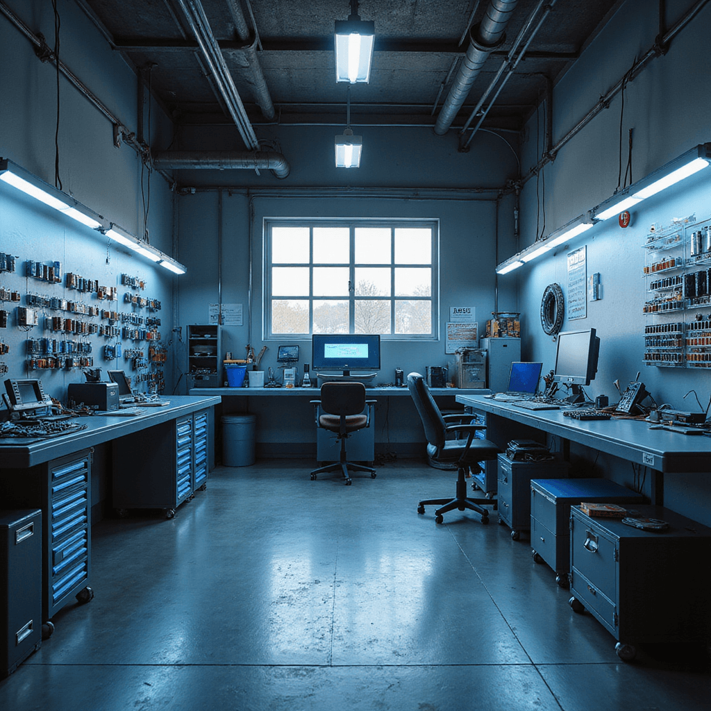 Moderne autosleutelservice werkplaats met industriële uitstraling, verlicht door ochtendzon en LED-strips, met hightech apparatuur, wandrekken vol sleutelreplica's en diagnostische computers, alles in een fotorealistische weergave.