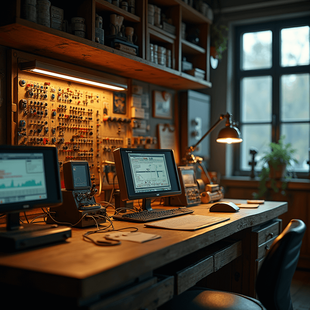 Intieme werkplaats met vintage houten werkbank en modern elektronisch testapparaat, omgeven door glazen vitrine met autosleutels. Close-up van geopende autosleutel met batterijcompartiment en microgereedschap, verlicht door warme LED-spots.