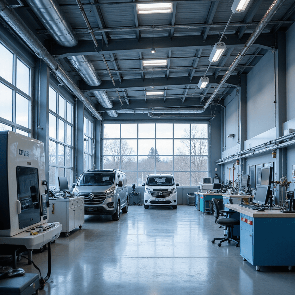 Moderne sleutelservicewerkplaats met glazen pui en LED-verlichting, featuring een L-vormige RVS werkbank met programmeerapparatuur, wandsysteem vol sleutelprofielen aan de rechterkant, state-of-the-art sleutelmachines aan de linkerkant, en natuurlijk licht van grote ramen; foreground met diverse autosleutels en transponders in productie.