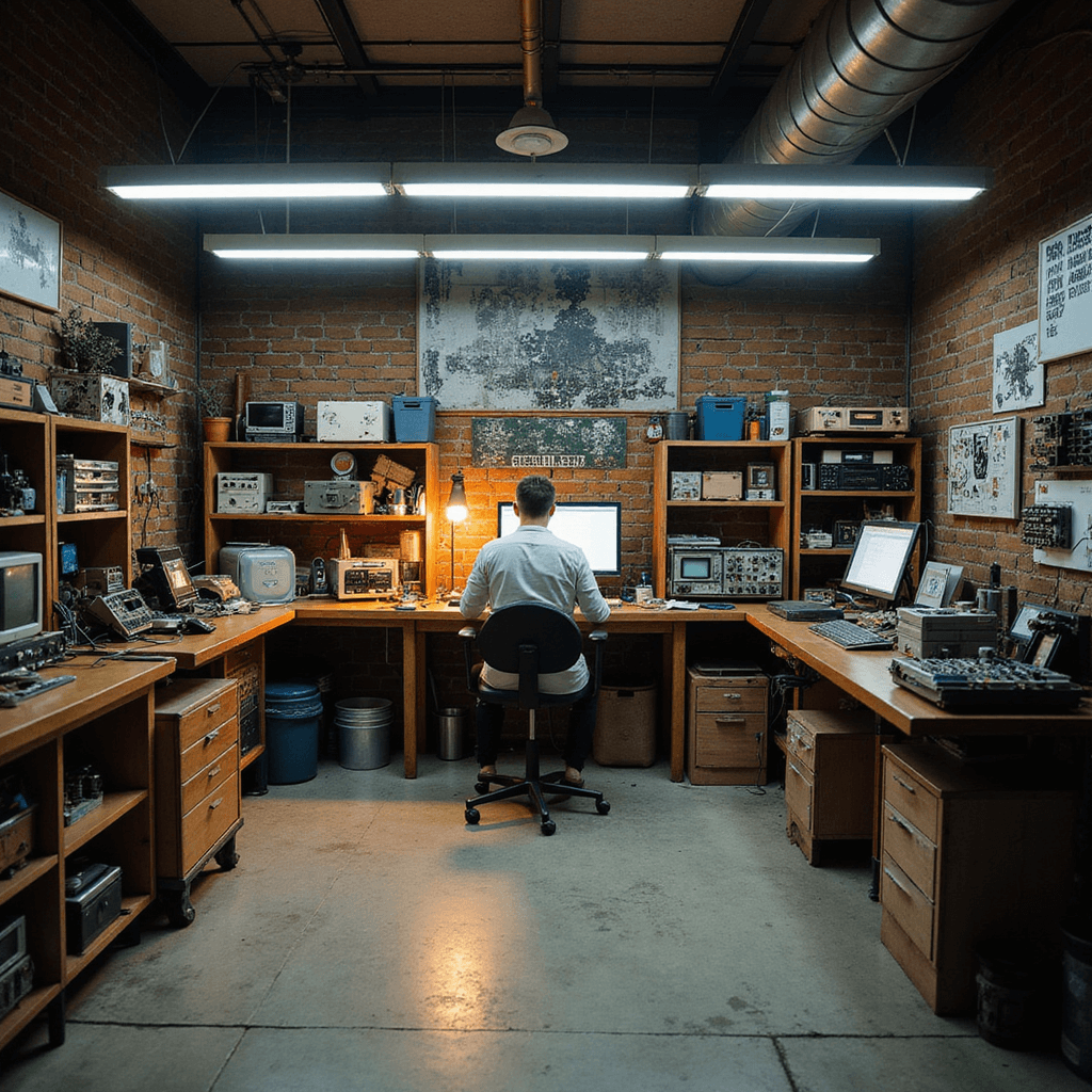 Intieme technische werkruimte van 4x5 meter, verlicht door warme LED-strips, met een centrale werkplek, vintage gereedschapskast en moderne testapparatuur. Een technicus programmeert een chip aan het werkblad.