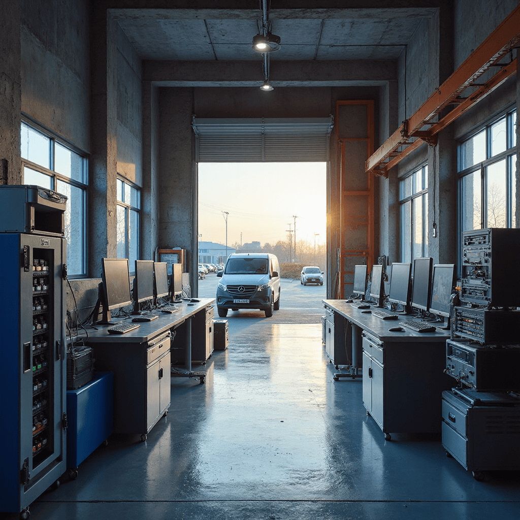Moderne autosleutelwerkplaats met digitale apparatuur en een verlichte werkbank, omringd door grote ramen die ochtendzon laten binnenvallen, en kleurgecodeerde sleutelblanco's aan de muur.